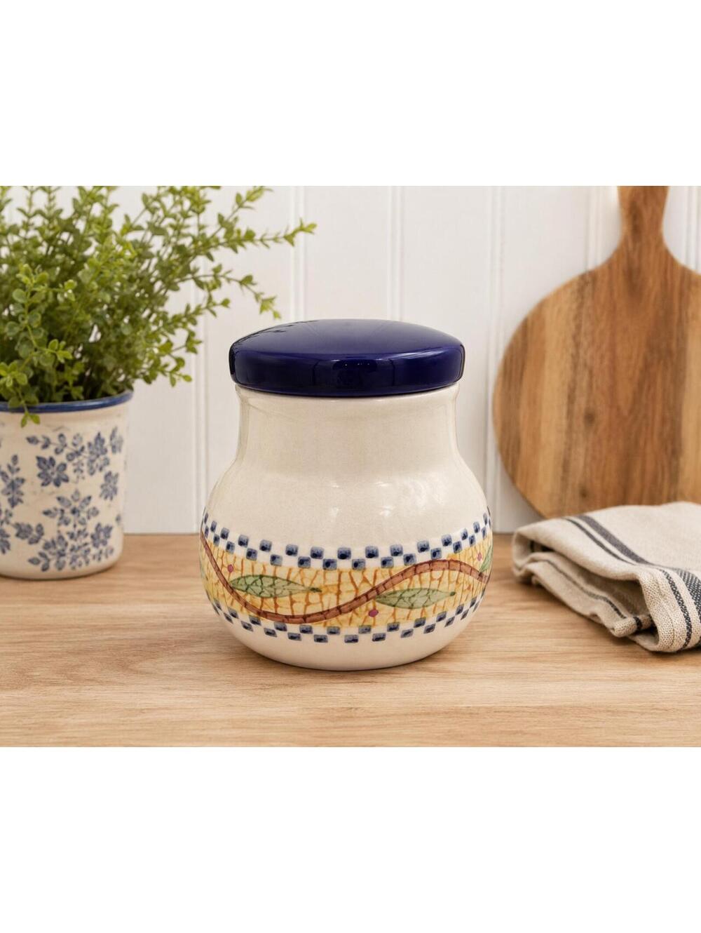 Vintage Polish Pottery Style Hand-Painted Lidded Canister Blue Cream Stoneware